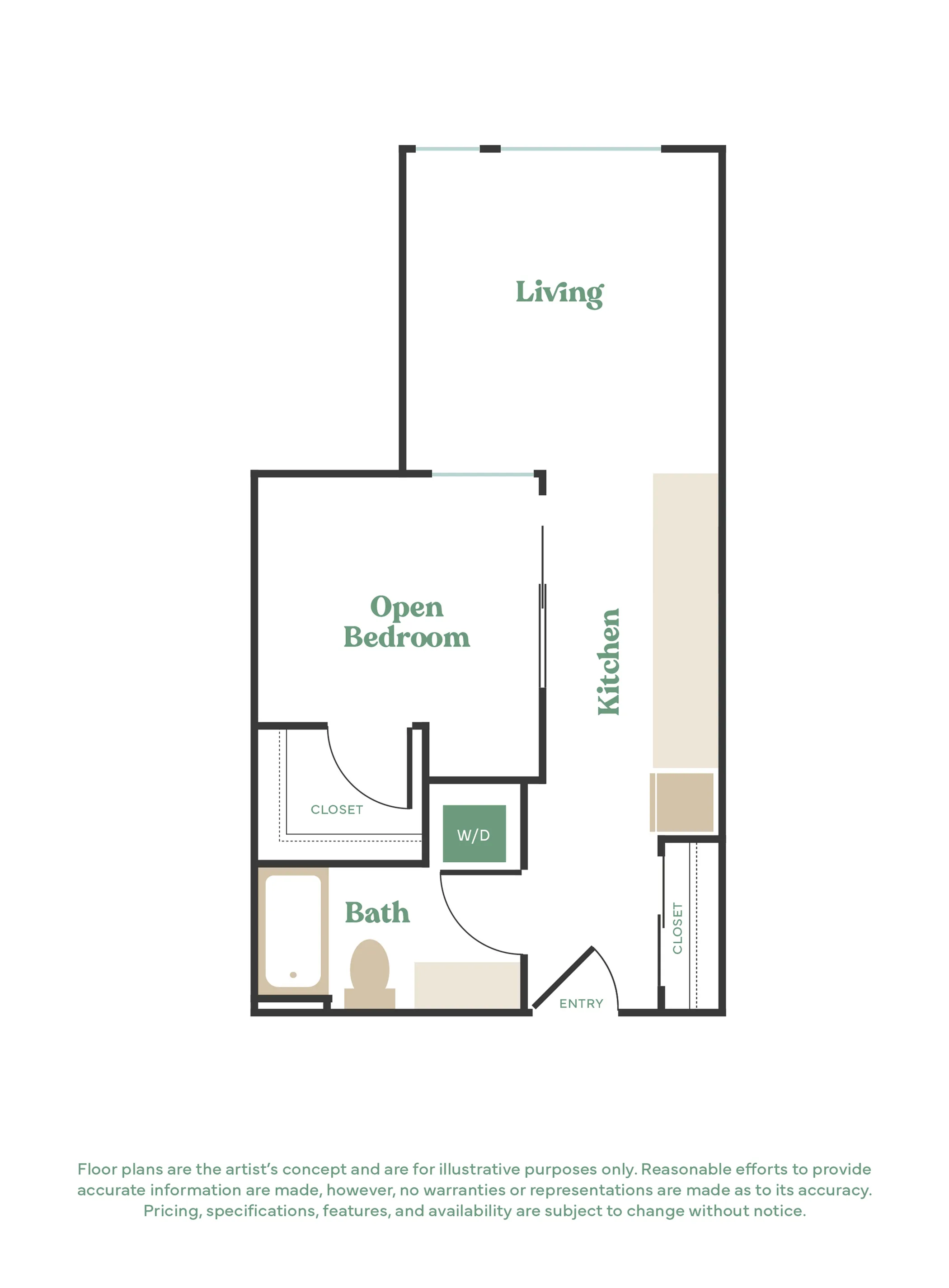 Modern floor plan showcasing an open bedroom, living area, sleek kitchen, and spacious bath with ample storage.