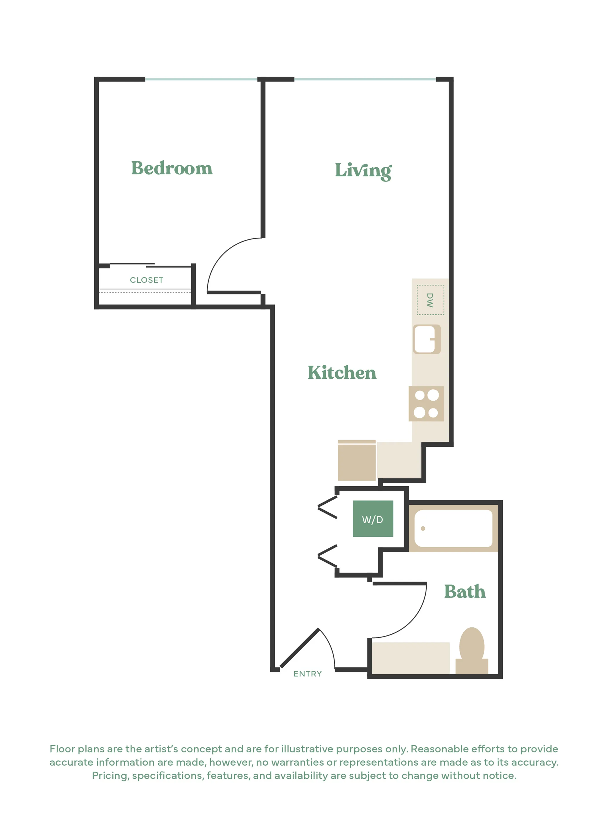 Modern floor plan featuring 1 bedroom, spacious living area, stylish kitchen, and convenient bath with washer/dryer.
