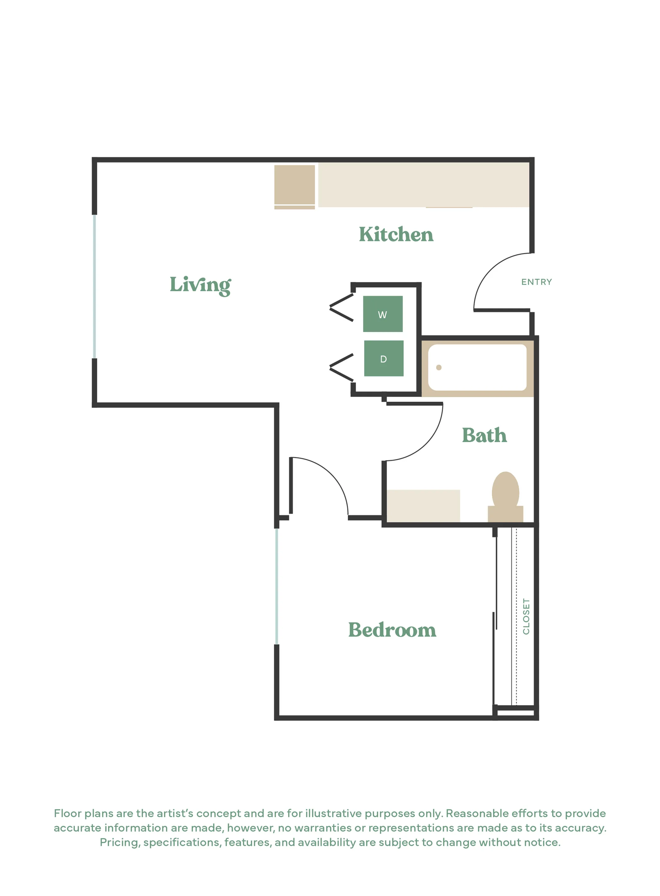 Modern 1-bedroom apartment floor plan featuring an open-concept living and kitchen area, with a convenient bathroom and in-unit washer and dryer.