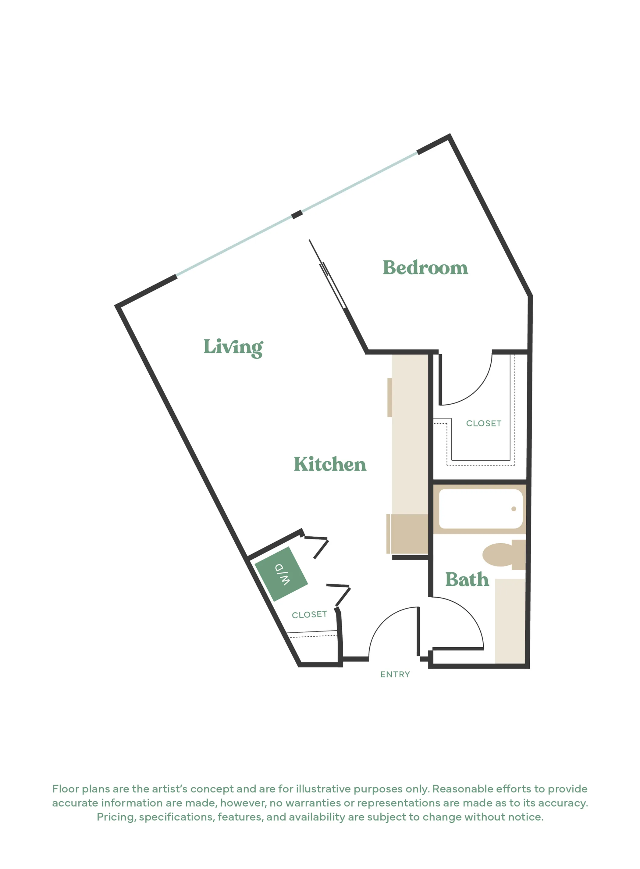 Contemporary floor plan showcasing a cozy 1-bedroom layout with integrated living and kitchen space, plus a modern bathroom.
