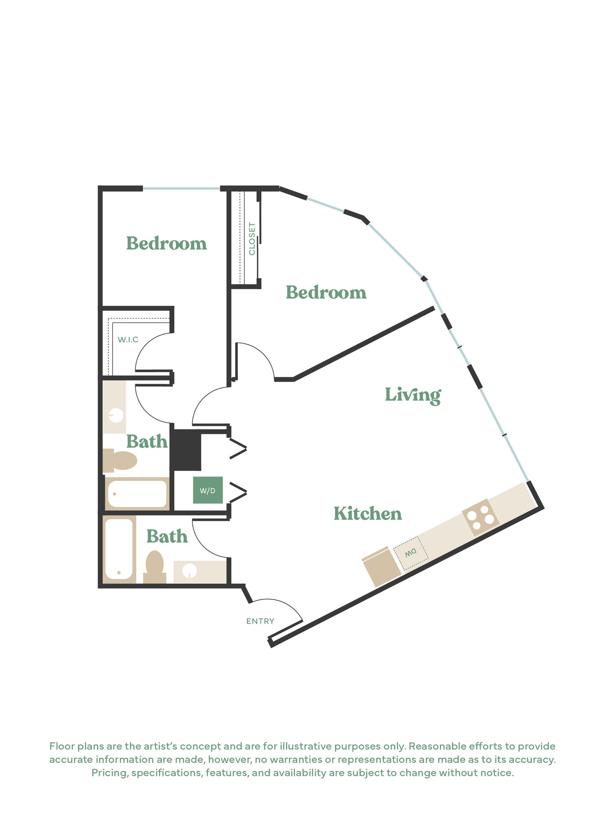 Modern floor plan featuring 2 spacious bedrooms, a stylish living area, and a sleek kitchen, perfect for contemporary living.