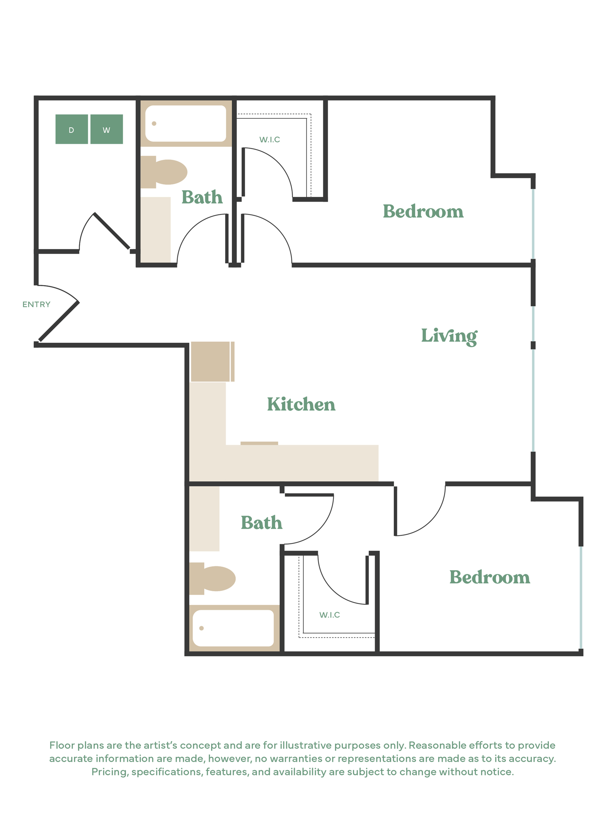 Modern floor plan featuring two spacious bedrooms, open living area, sleek kitchen, and two bathrooms with walk-in closets.