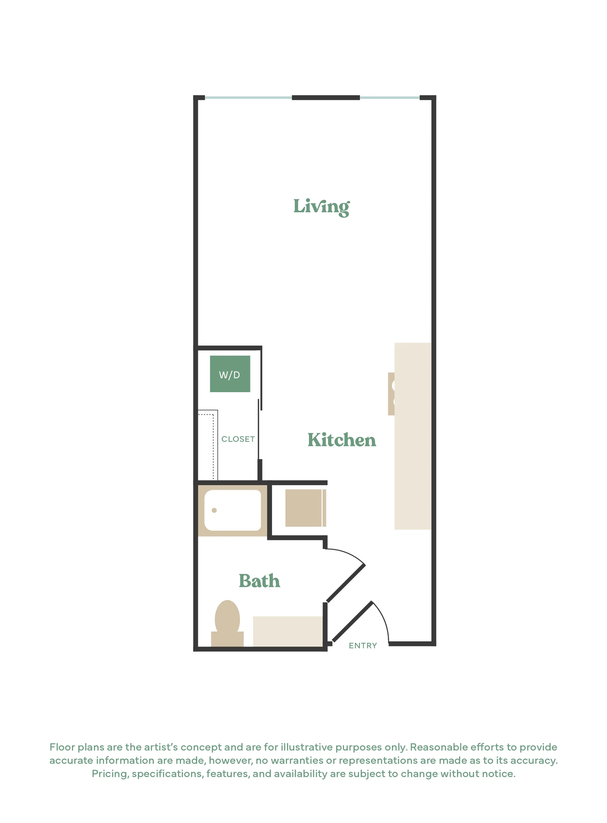 Modern floor plan featuring a spacious living area, sleek kitchen, and cozy bath with integrated closet space.