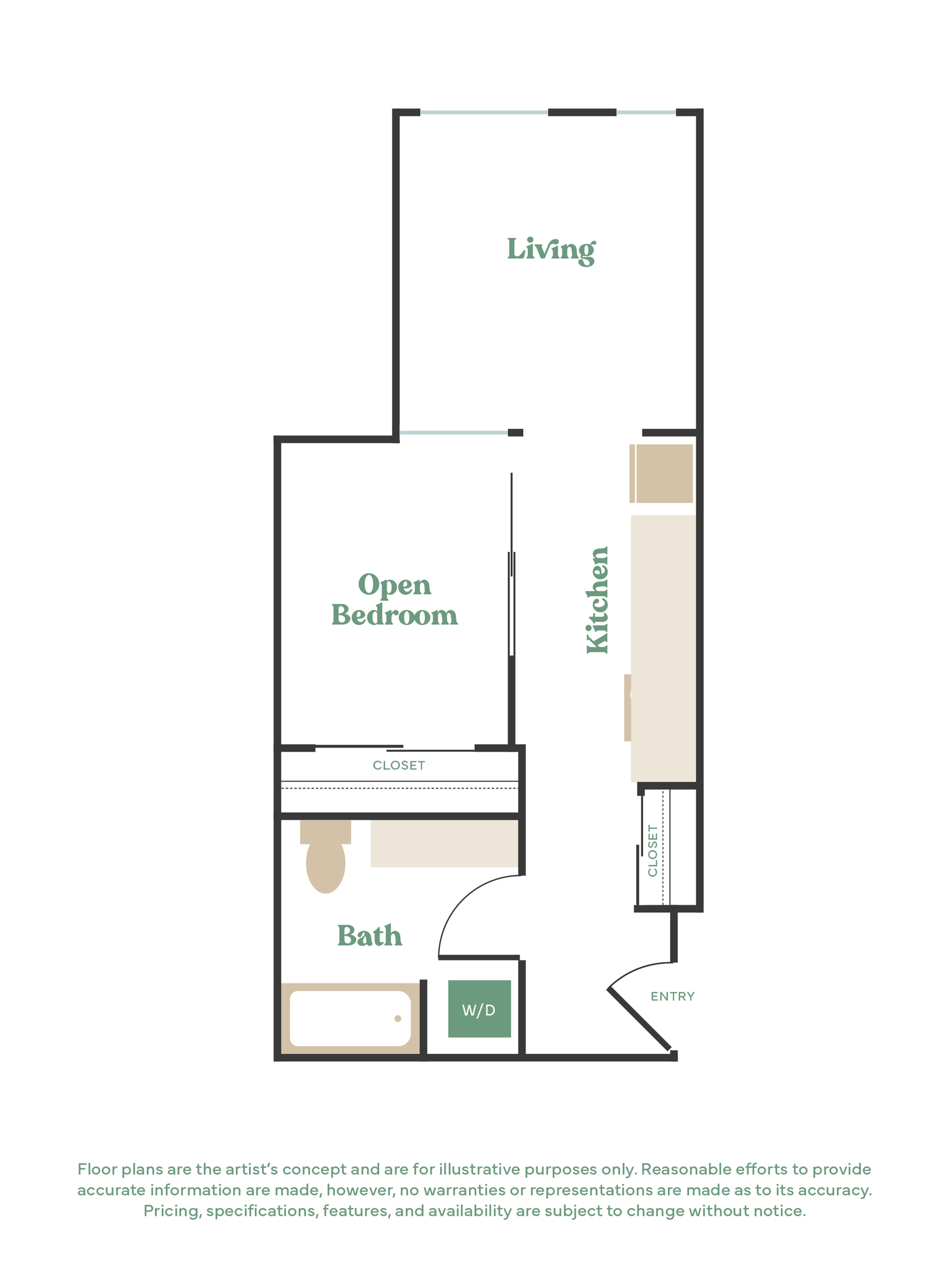 Chic 2D floor plan showcasing an open-concept living area, sleek kitchen, open bedroom, and modern bath.