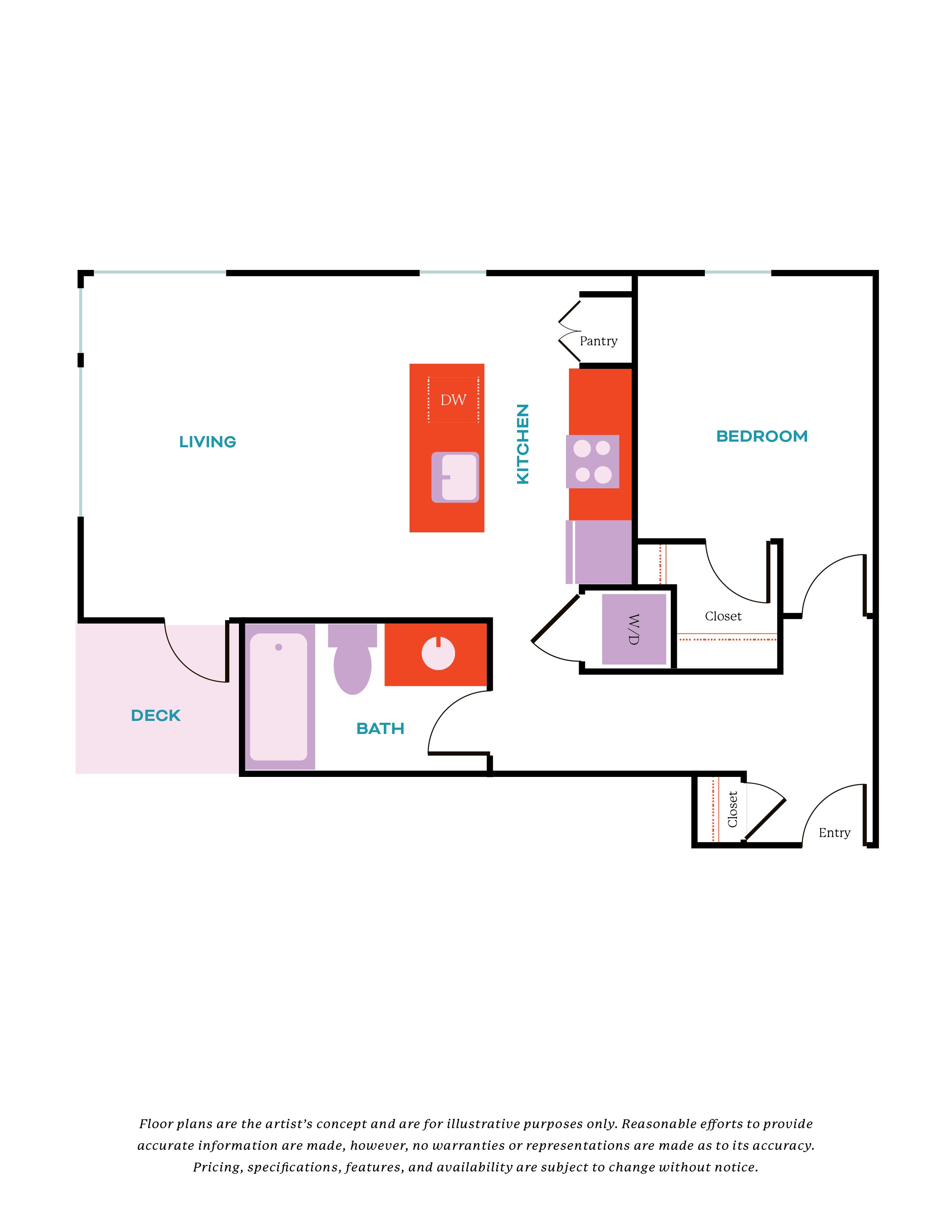 Modern 1-bedroom floor plan with a spacious deck, open-concept living area, efficient kitchen with pantry, and a stylish bath.