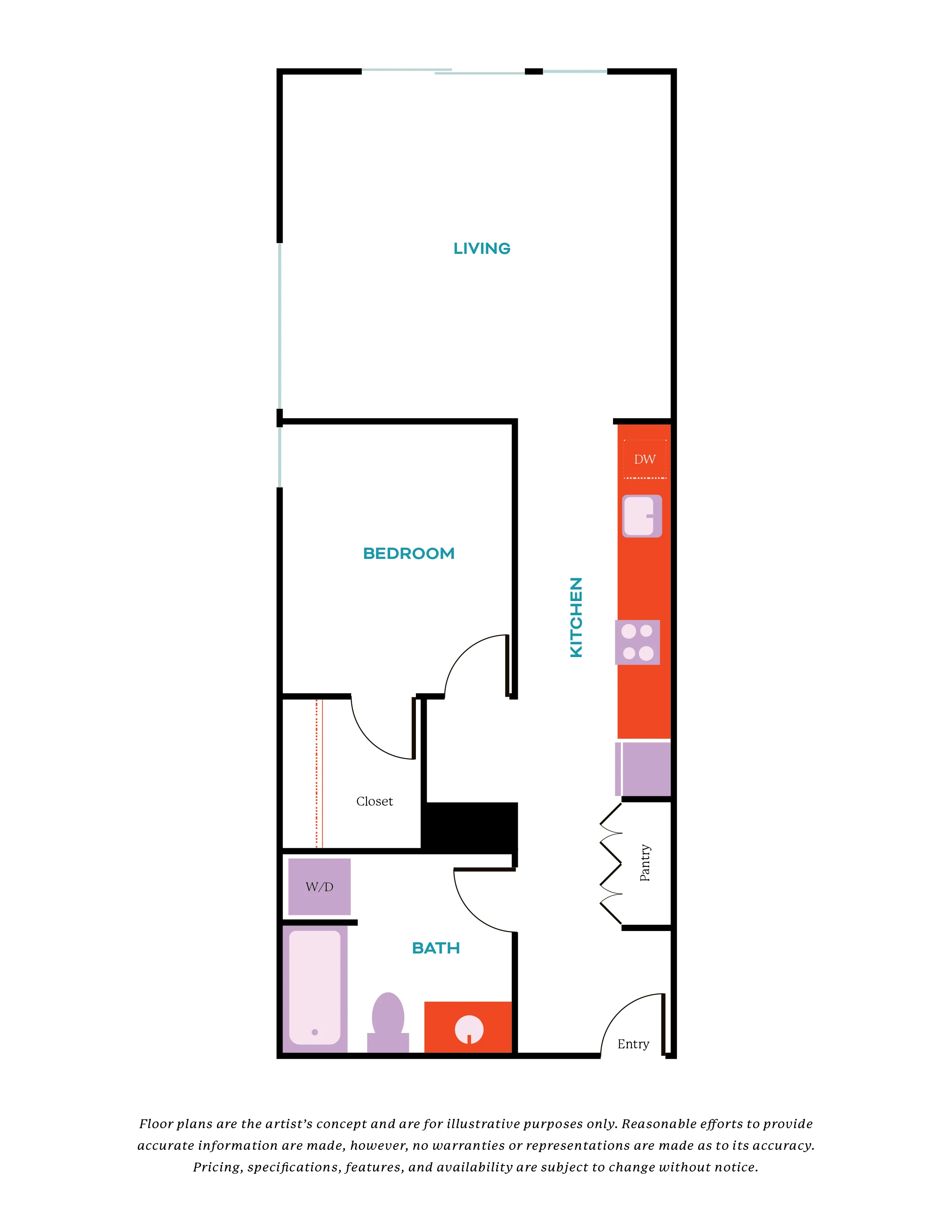Modern 1-bedroom apartment floor plan featuring a spacious living area, efficient kitchen with pantry, and a convenient in-unit washer and dryer setup.