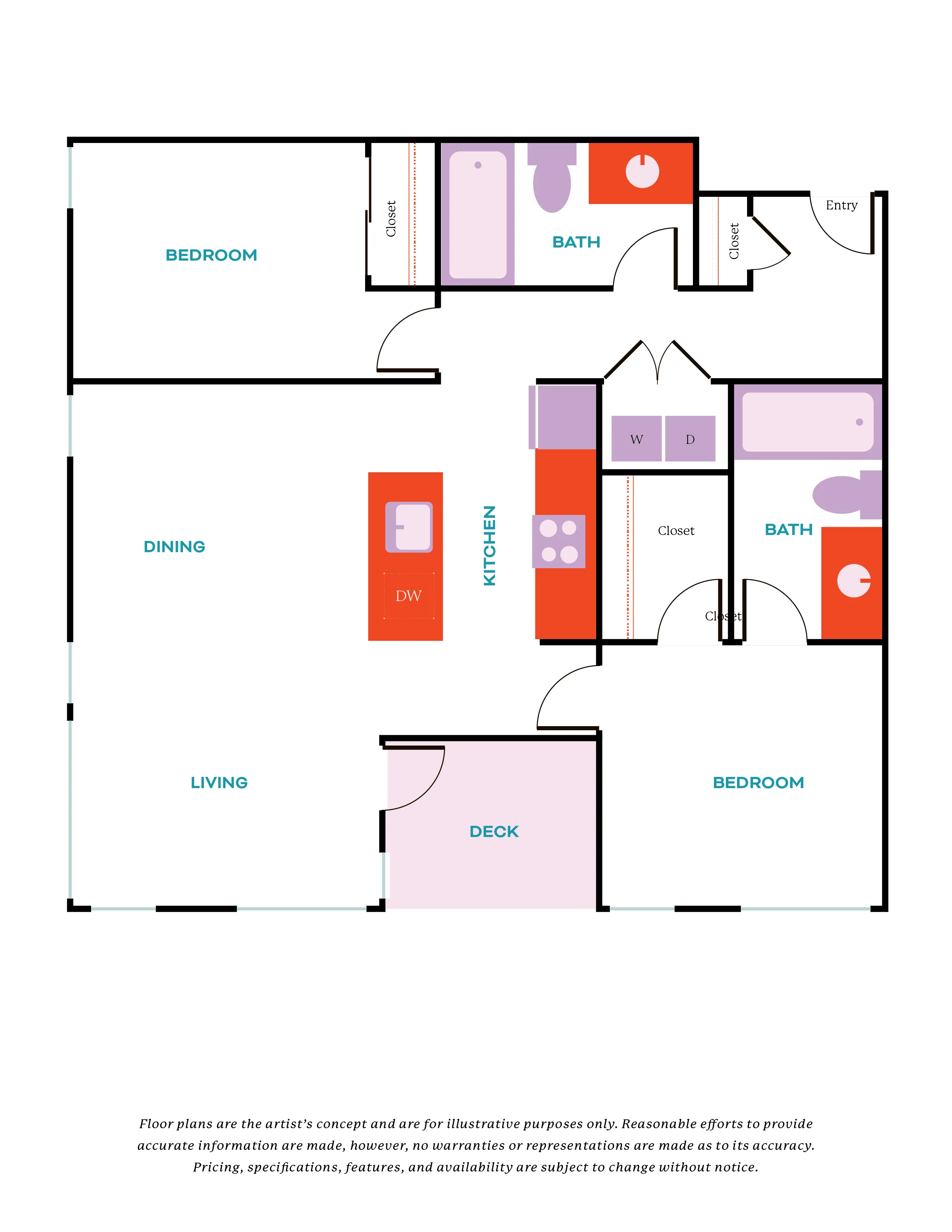 Elegant 2D floor plan showcasing 2 bedrooms, a modern kitchen, cozy living area, dining space, and a charming deck.