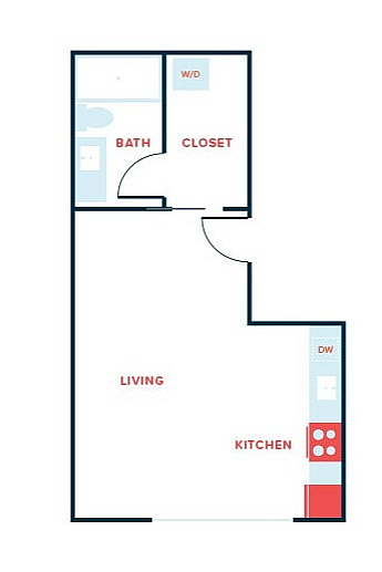 Efficient 1-bedroom apartment floor plan featuring an open-concept living and kitchen area, spacious closet, and convenient bath location.