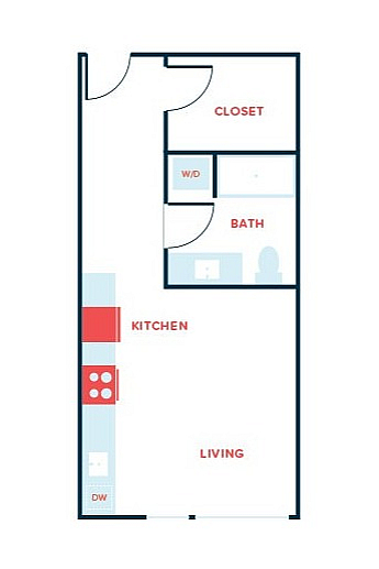 Efficient floor plan showcasing a modern kitchen, cozy living area, spacious bath, and convenient closet space with washer/dryer.