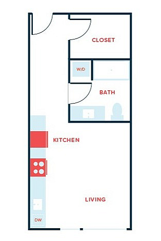 Contemporary floor plan showcasing an open living area, sleek kitchen, and elegant bath with a spacious closet.