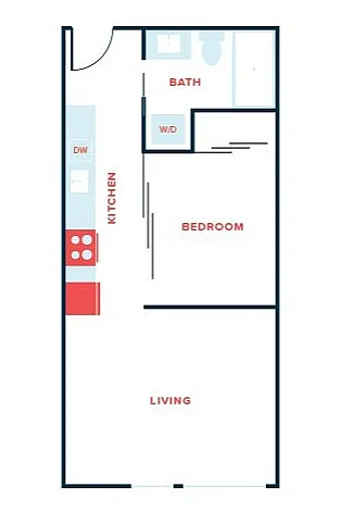 Modern floor plan showcasing a 1-bedroom apartment with open living area, kitchen, and cozy bathroom.