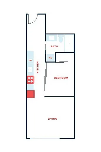 Sleek floor plan showcasing a modern apartment with one bedroom, spacious living area, stylish kitchen, and convenient bath.