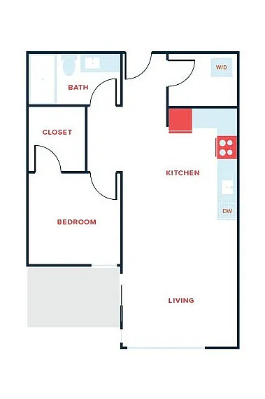 Elegant floor plan featuring 1 bedroom, 1 bath, sleek kitchen, and spacious living area with modern layout.