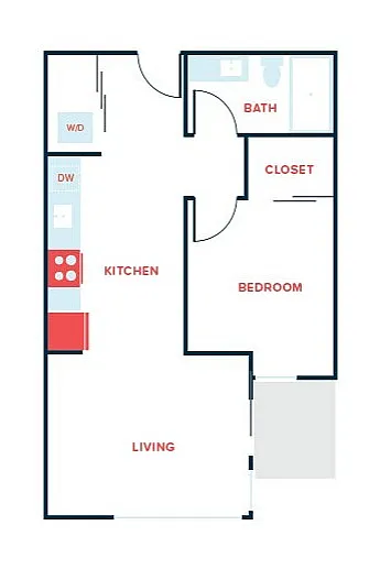 Modern 2D floor plan showcasing a cozy 1-bedroom apartment with a spacious living area, functional kitchen, and convenient bath.