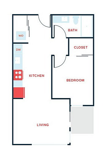 Modern floor plan displaying a cozy one-bedroom layout with an open kitchen, inviting living area, and convenient bath and closet spaces.