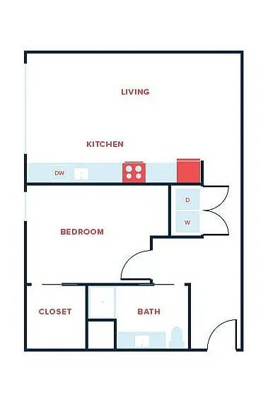 Contemporary floor plan showcasing a cozy 1-bedroom layout with a spacious living area, kitchen, and bath. Perfect for compact living.