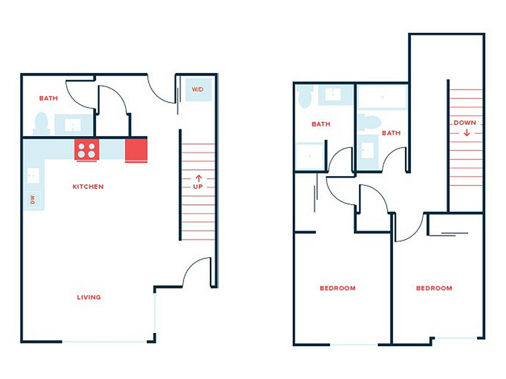 Modern two-story floor plan featuring a spacious kitchen, cozy living area, two bedrooms, and two baths for ultimate comfort.