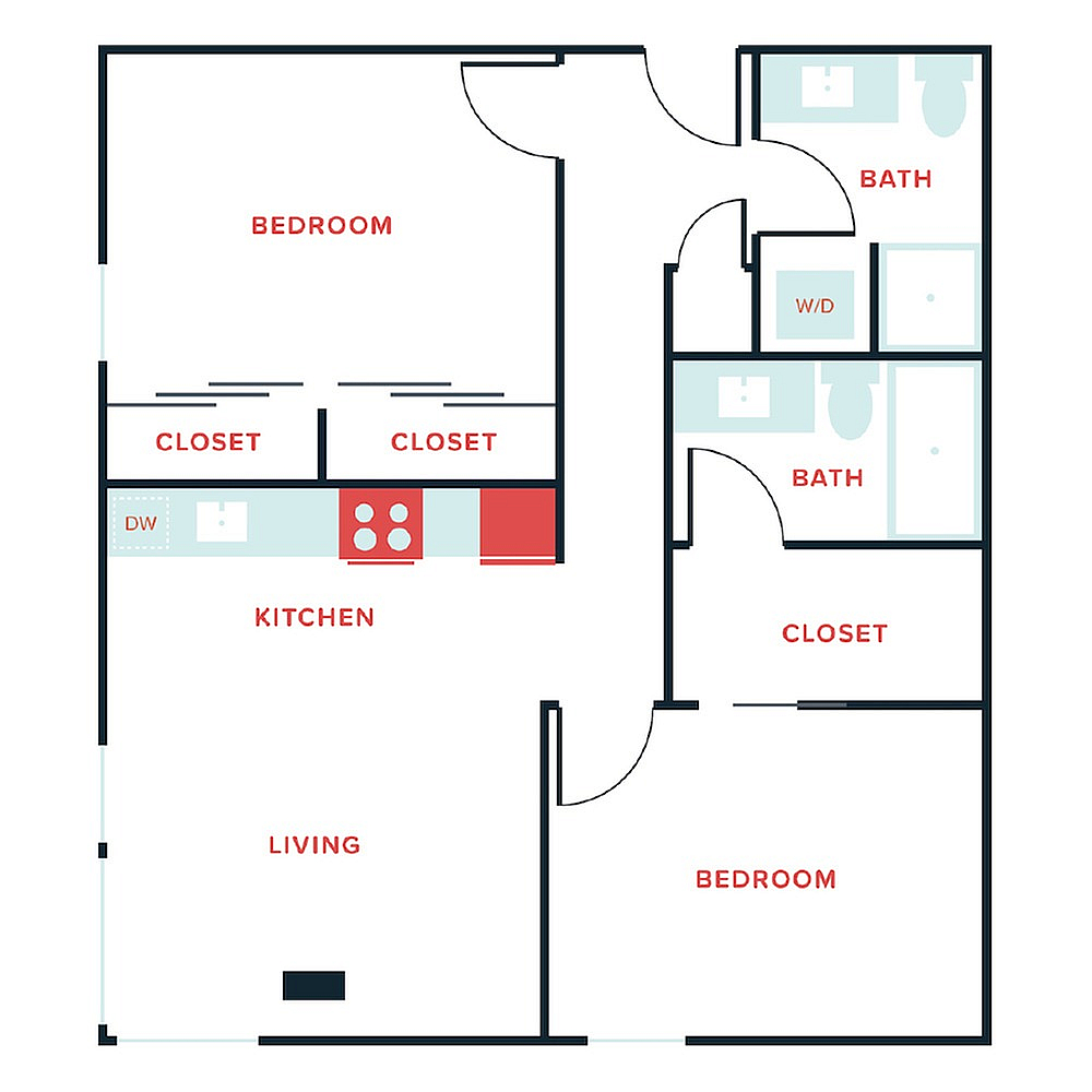 Modern 2-bedroom floor plan featuring two baths, open kitchen, and spacious living area with ample closets.