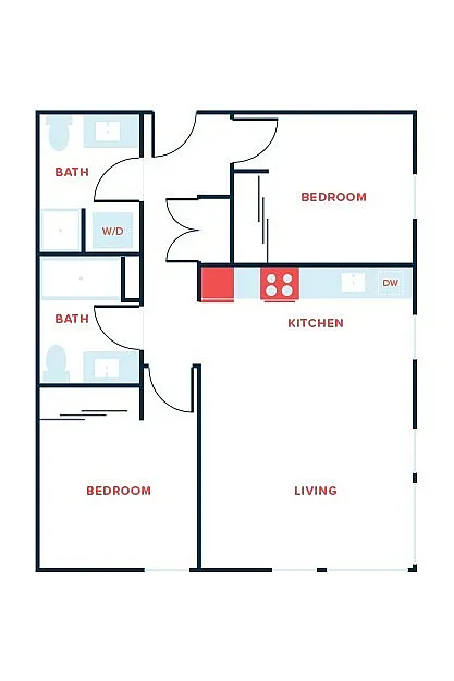 Modern 2D floor plan featuring 2 bedrooms, 2 stylish bathrooms, and an open kitchen-living area.