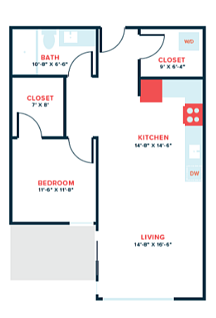 Modern apartment floor plan with 1 bedroom, a spacious living and kitchen area, large closets, and a well-designed bath.