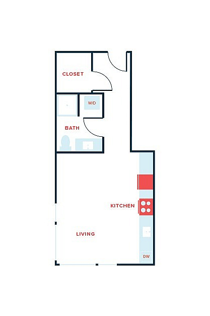 Efficient single-bedroom apartment floor plan featuring a modern kitchen, cozy living area, ample closet space, and a well-organized bathroom.