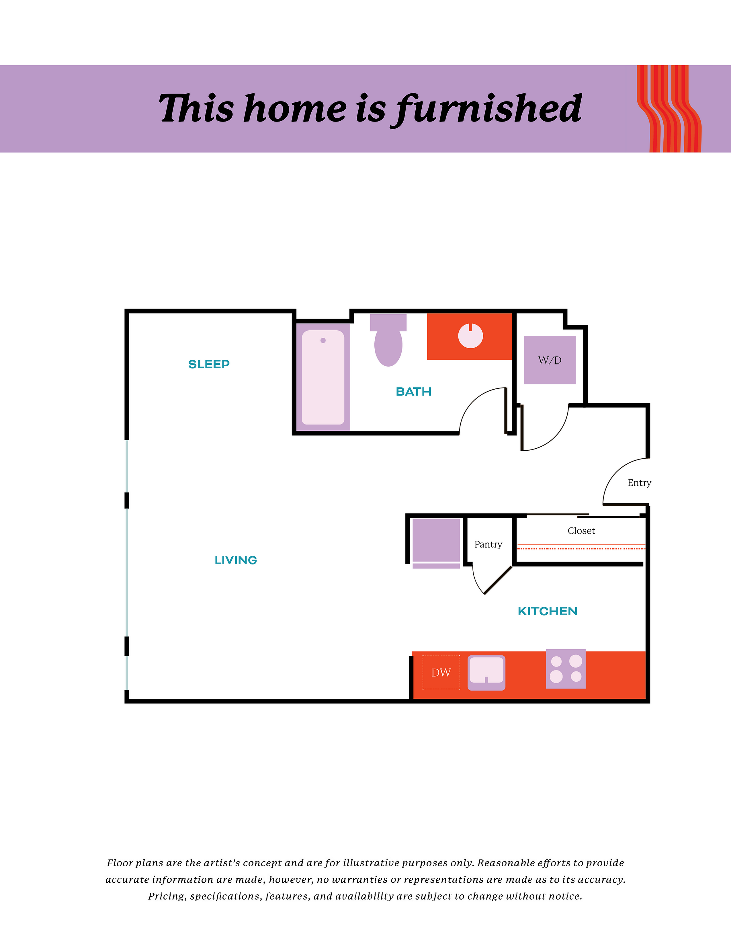 Contemporary floor plan featuring an open living area, a cozy sleeping space, well-equipped kitchen, and modern bath with washer/dryer. Ideal for furnished living.