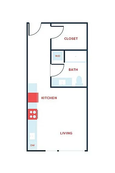 Modern floor plan showcasing open kitchen, cozy living area, closet, and bath with washer/dryer space.
