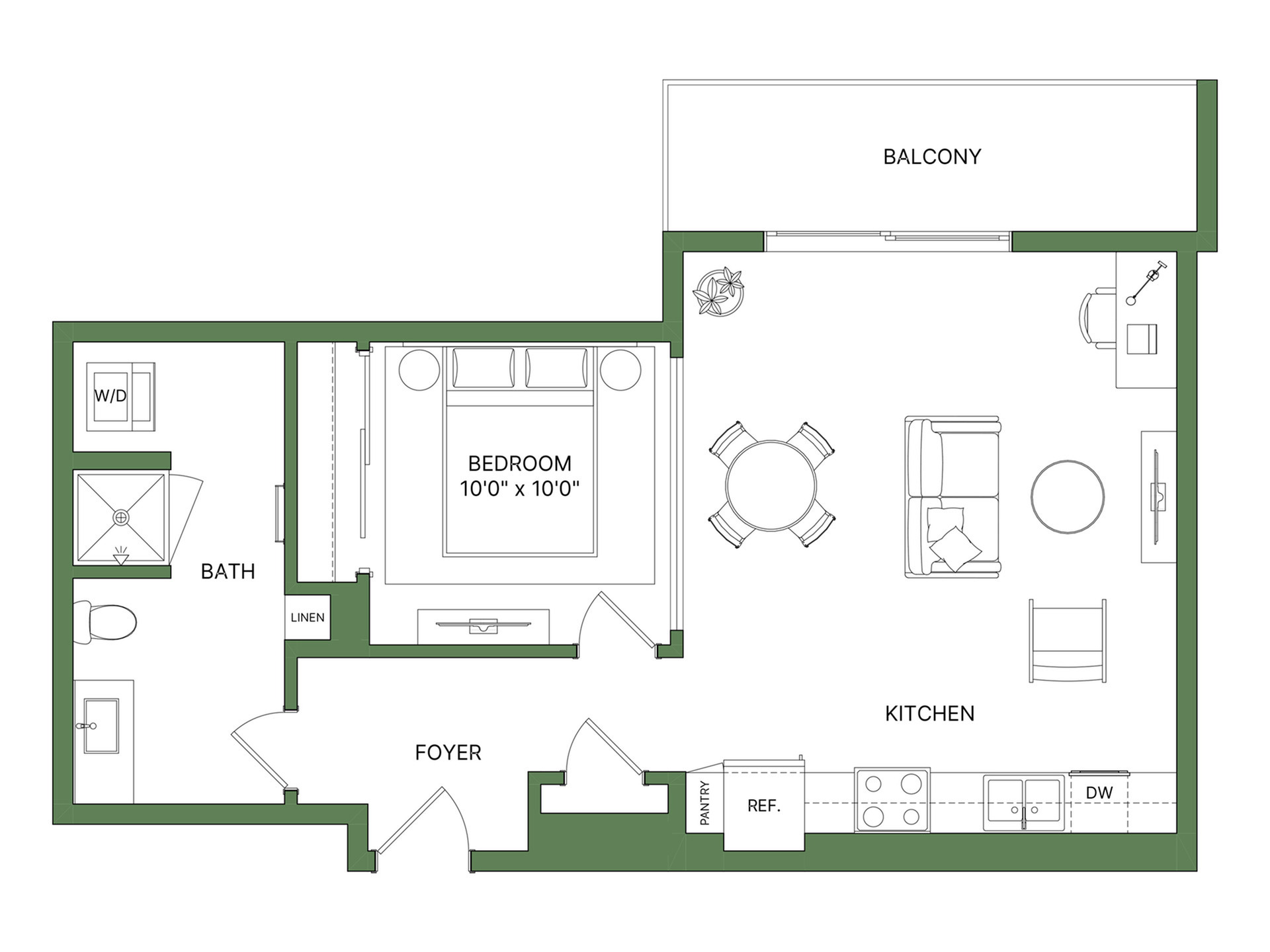 Modern floor plan featuring a cozy bedroom, open-concept kitchen and living area, with a private balcony. Includes a spacious bath and convenient washer/dryer setup.