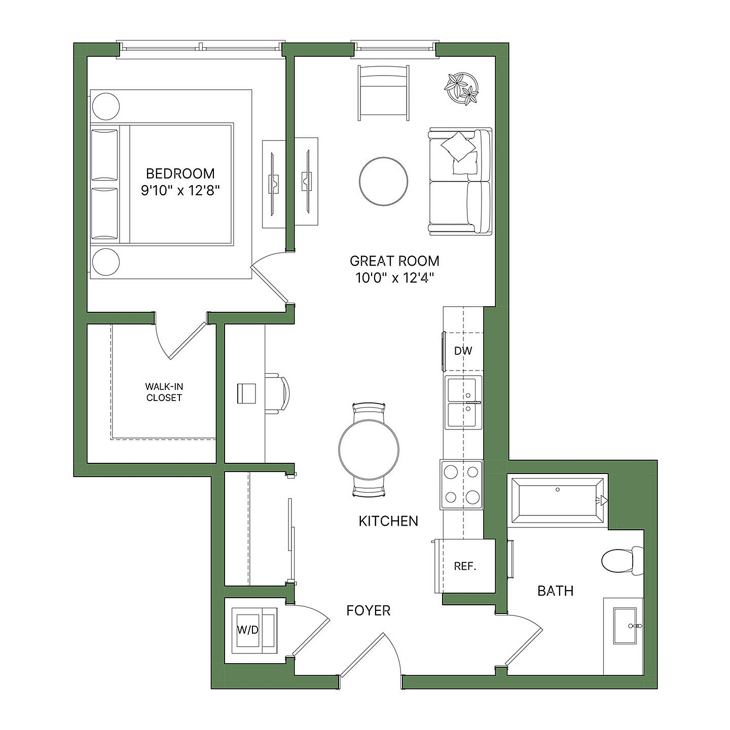 Modern floor plan featuring a spacious bedroom with walk-in closet, inviting great room, functional kitchen, and cozy bath.
