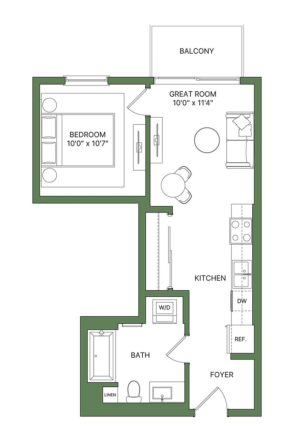 Chic floor plan featuring a cozy bedroom, open-concept great room, and modern kitchen with balcony access.