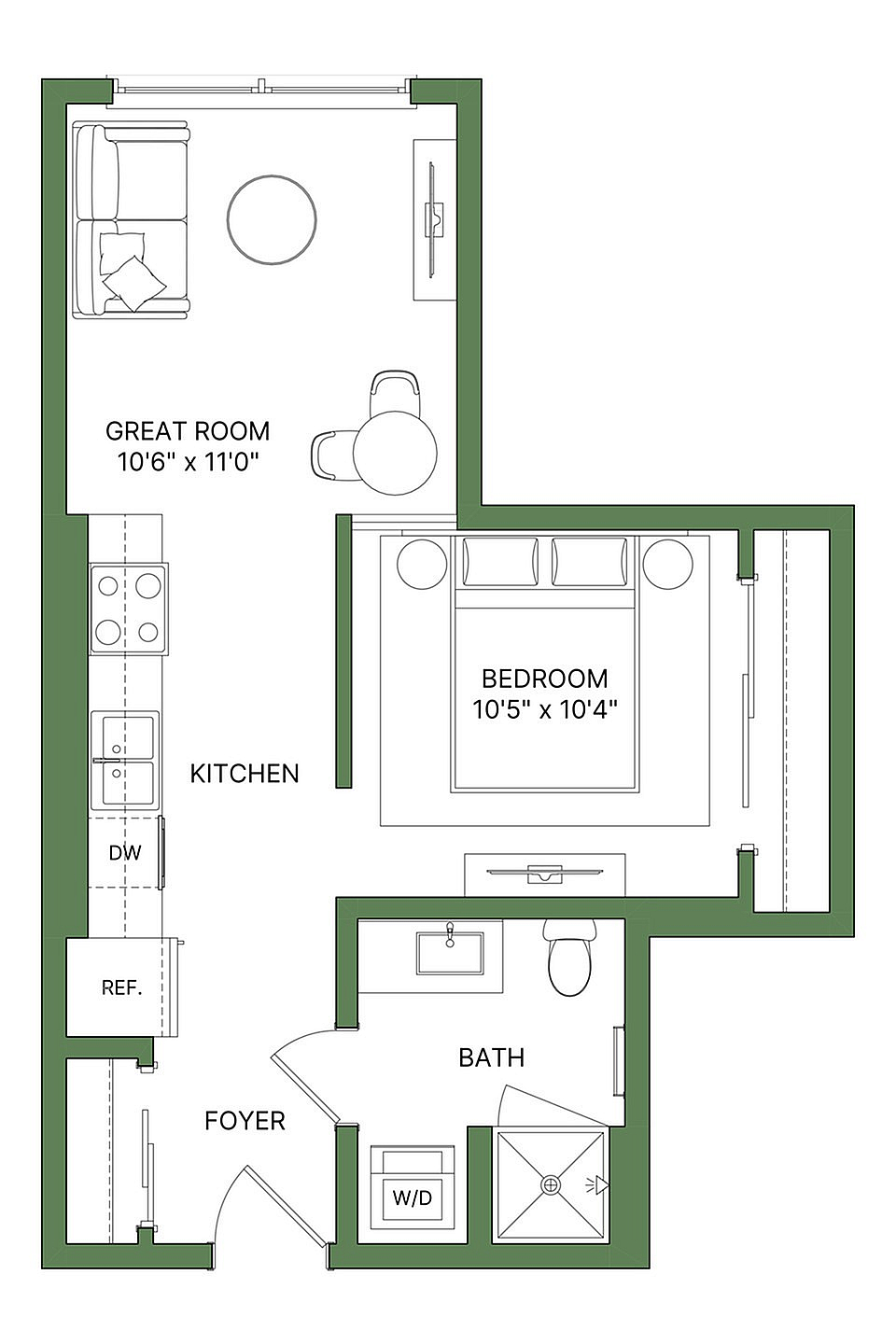 Modern floor plan highlighting an open-concept great room, sleek kitchen, and cozy bedroom. Features include a well-designed bathroom and in-unit laundry facilities.