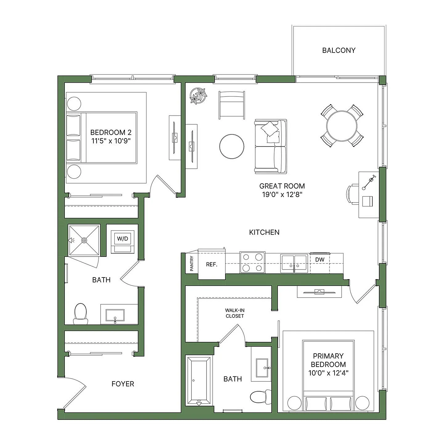 Modern floor plan showcasing a spacious great room, open kitchen, 2 bedrooms, 2 baths, and a balcony. Perfect blend of function and style.