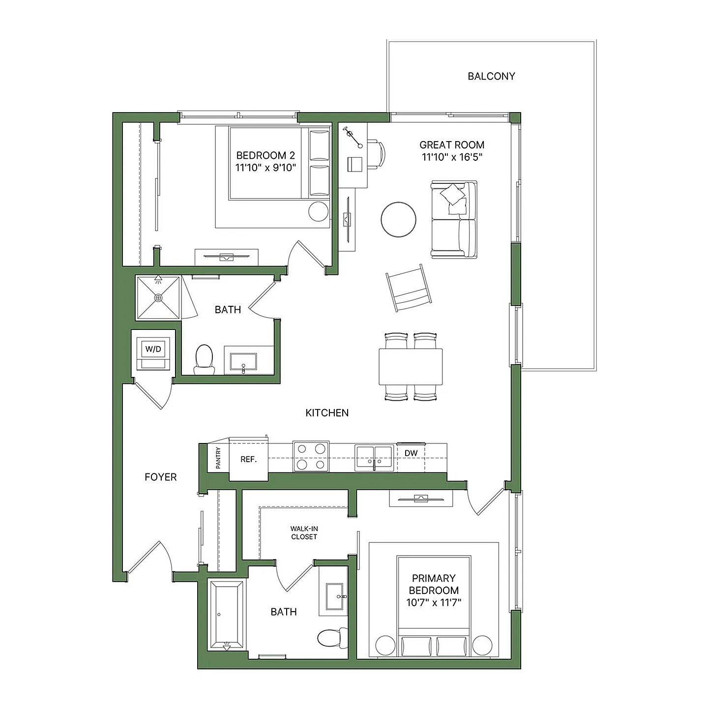 Inviting floor plan featuring two spacious bedrooms, two bathrooms, modern kitchen, and a great room leading to a balcony.