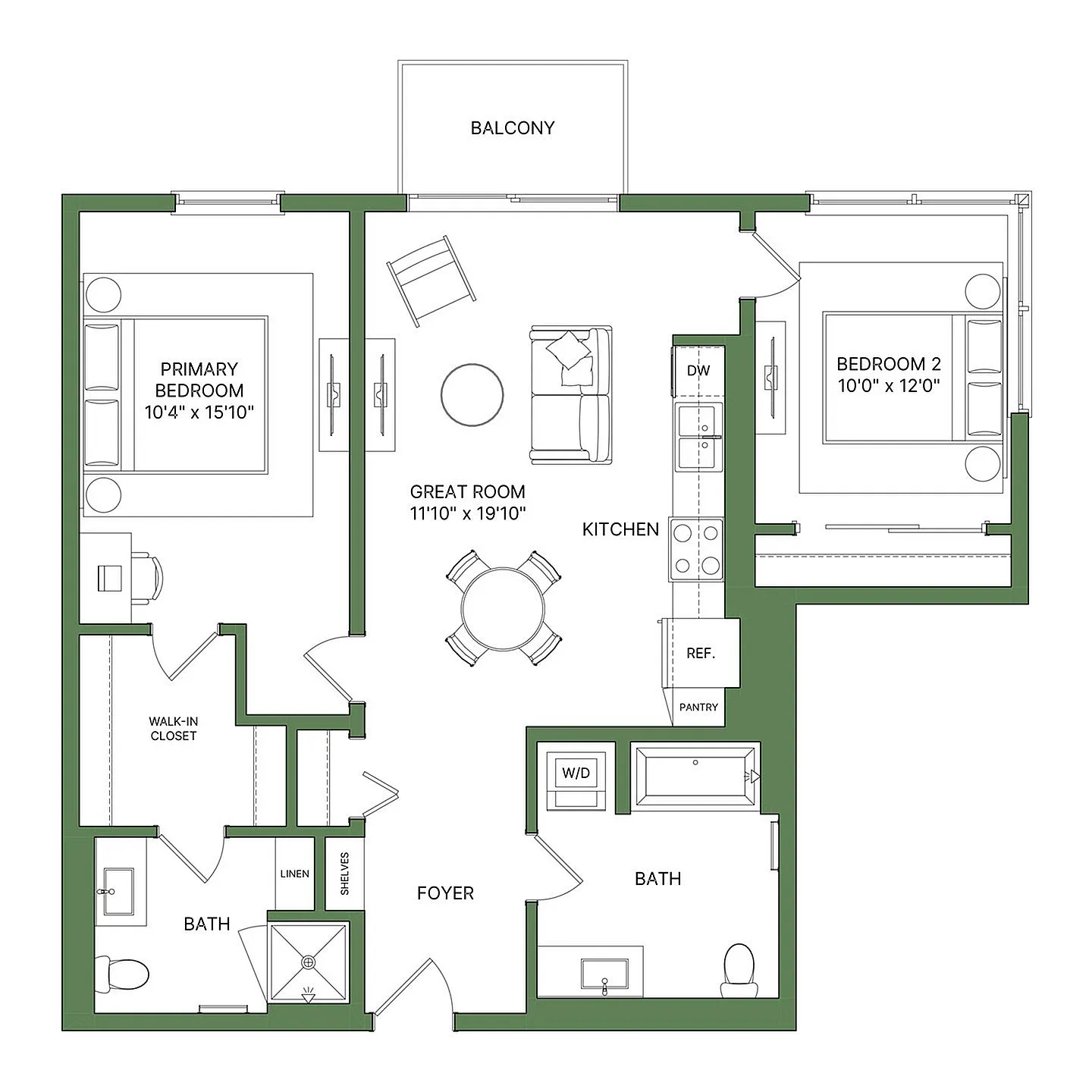 Chic floor plan showcasing 2 bedrooms, spacious great room, modern kitchen, and balcony access.