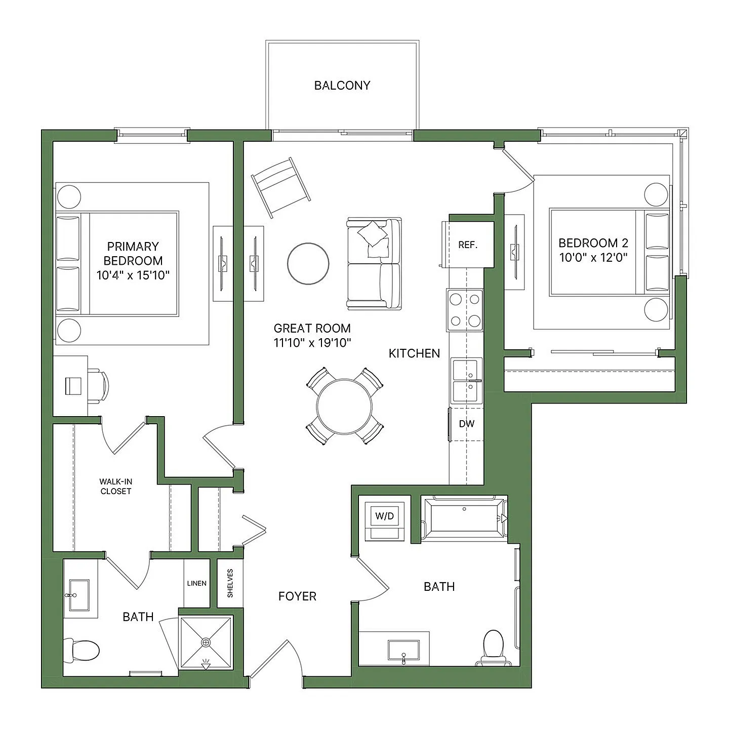 Inviting floor plan with 2 bedrooms, spacious great room, modern kitchen, and private balcony.