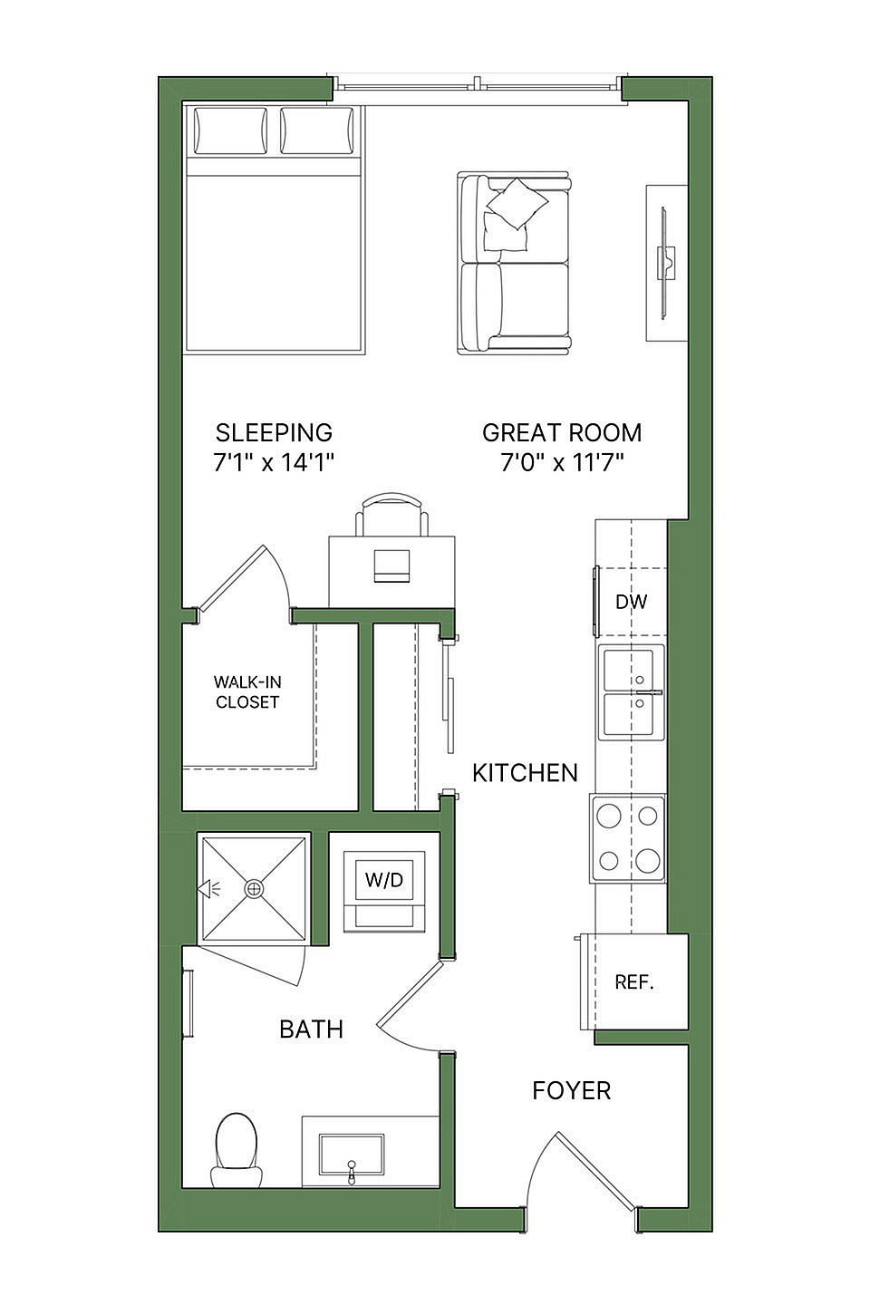 Modern apartment floor plan with a spacious sleeping area, cozy great room, functional kitchen, and convenient walk-in closet. Includes bath and efficient layout.