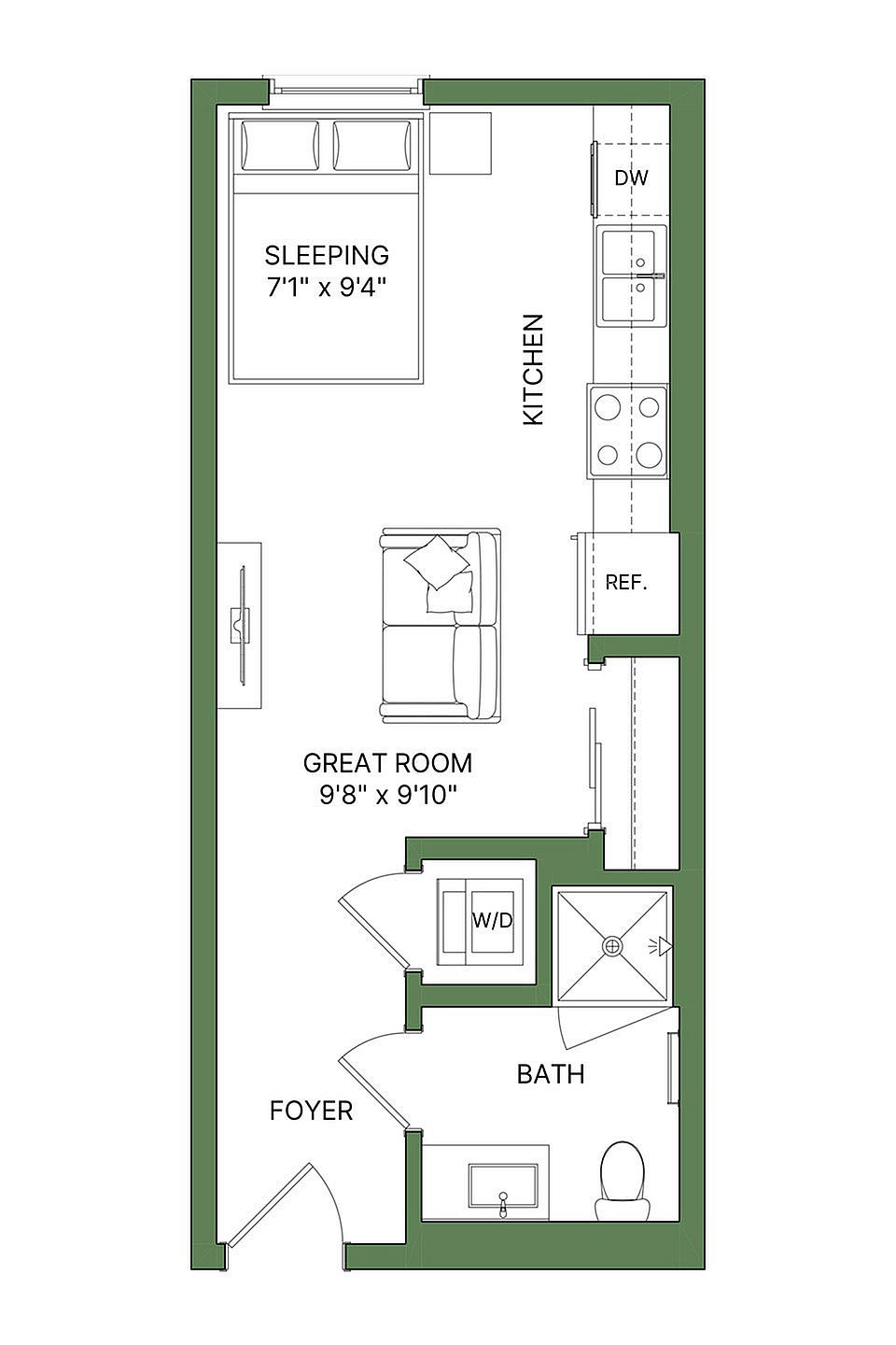 Modern studio apartment floor plan featuring an efficient layout with a sleeping area, cozy great room, compact kitchen, and stylish bathroom.