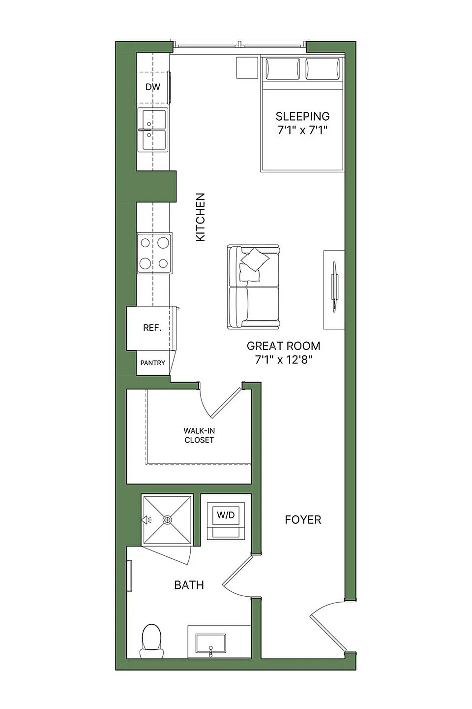 Chic studio apartment floor plan showcasing a compact layout with a modern kitchen, spacious great room, cozy sleeping area, and convenient walk-in closet.
