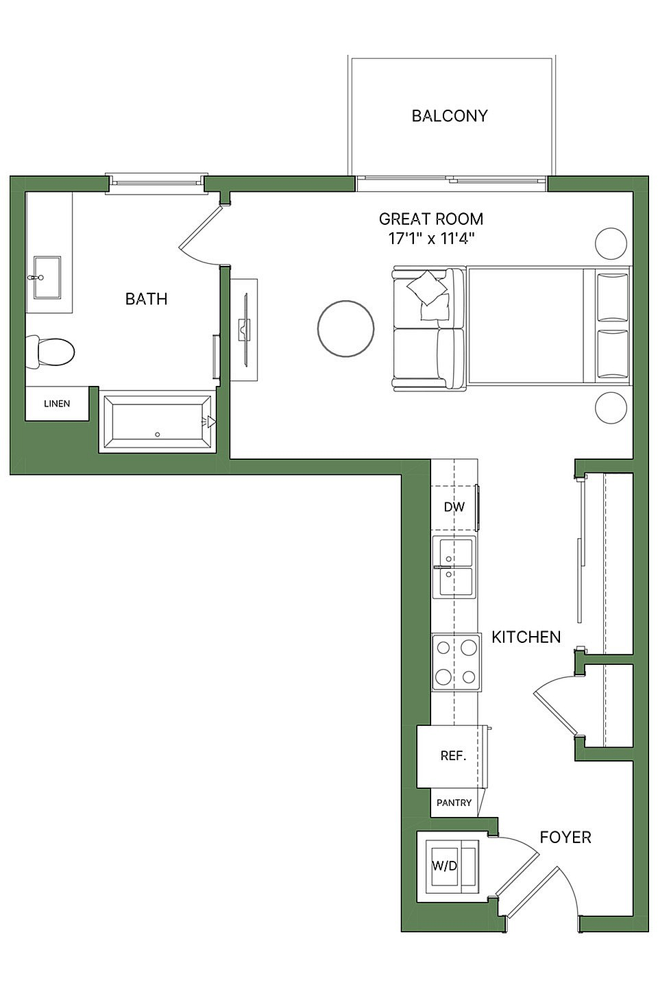 Modern floor plan with spacious great room, stylish kitchen, luxurious bath, and inviting balcony.