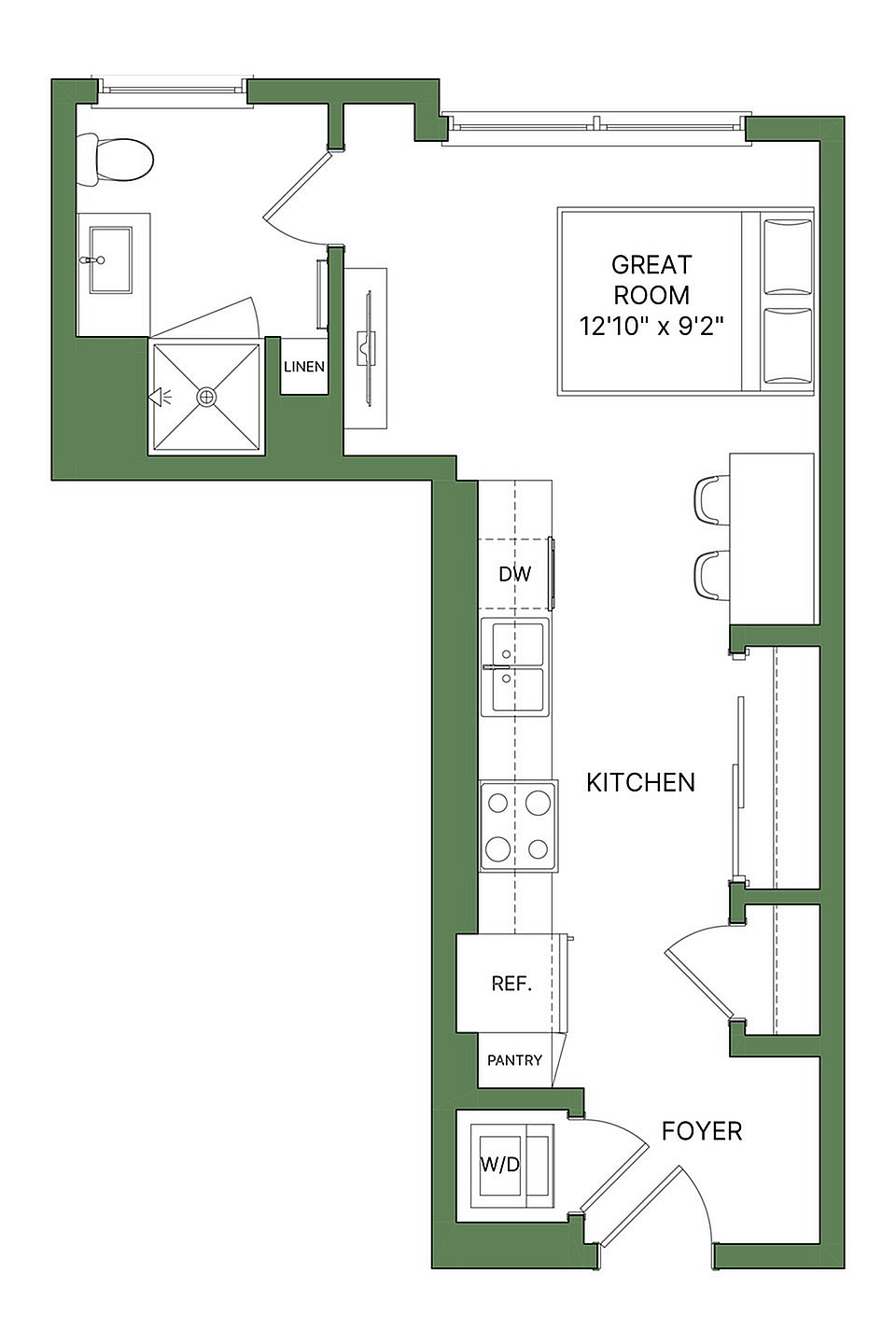 Modern L-shaped floor plan featuring a spacious great room, sleek kitchen with adjacent dining, and convenient bathroom layout.