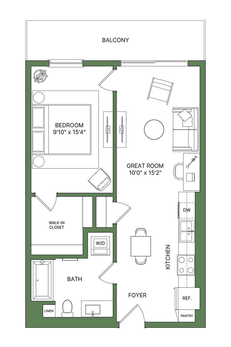 Chic floor plan featuring an open-concept great room, modern kitchen, spacious bedroom, walk-in closet, and inviting balcony.