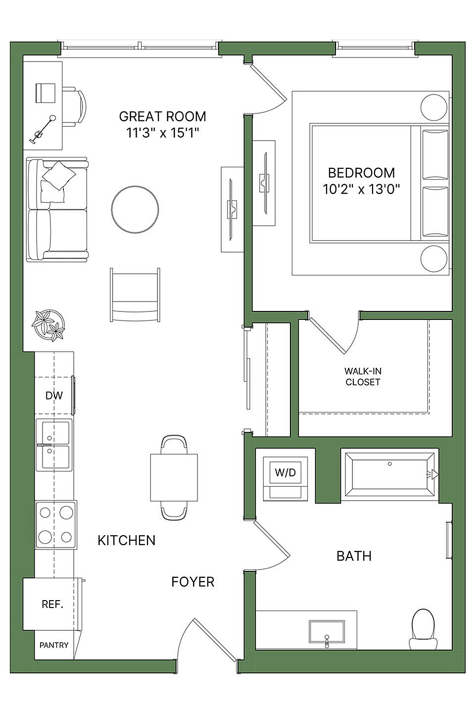 Modern apartment floor plan showcasing a spacious great room, sleek kitchen, inviting bedroom, and bath, complete with walk-in closet and washer/dryer area.