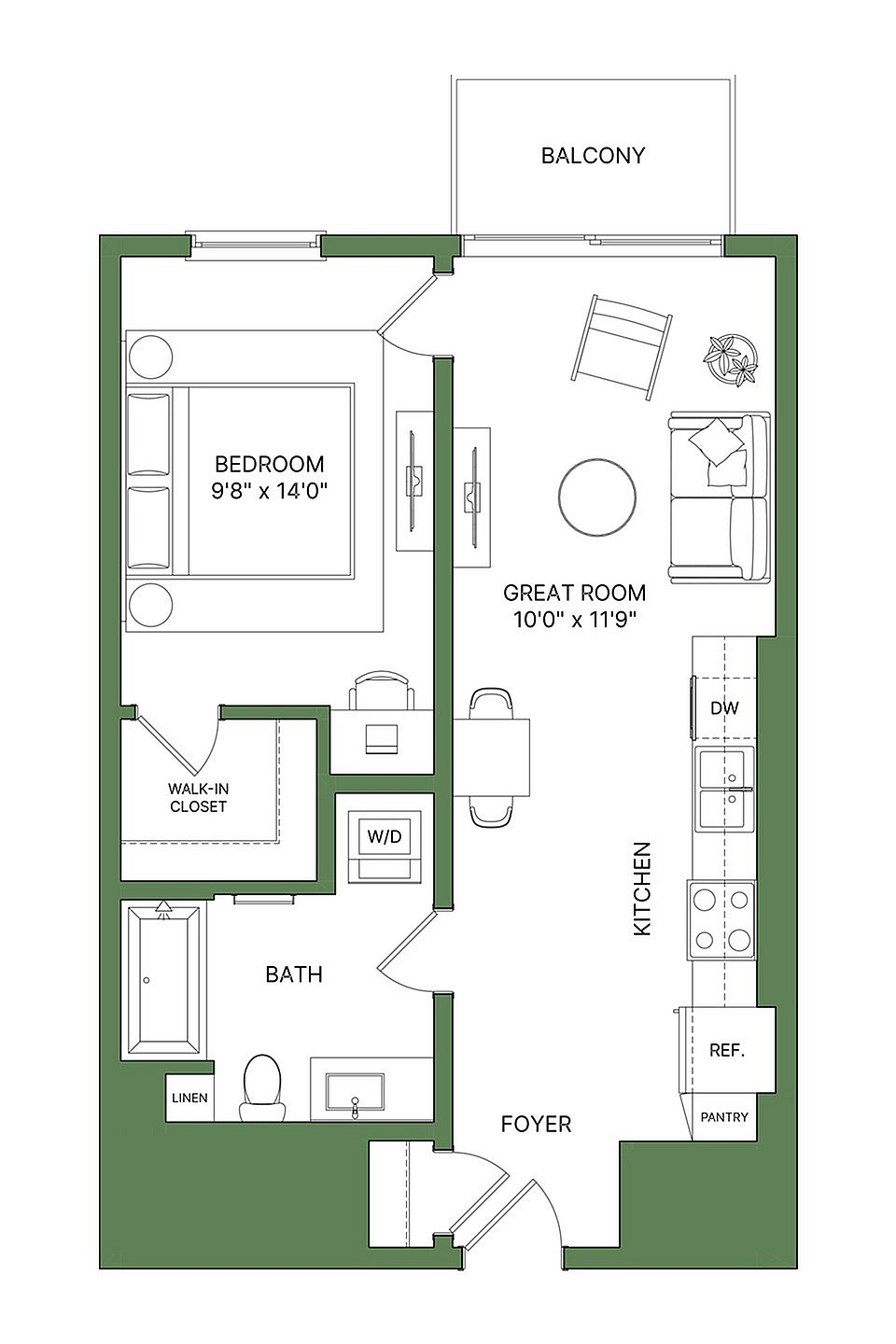 Elegant floor plan showcasing a 1-bedroom layout with a spacious great room, modern kitchen, and a charming balcony.