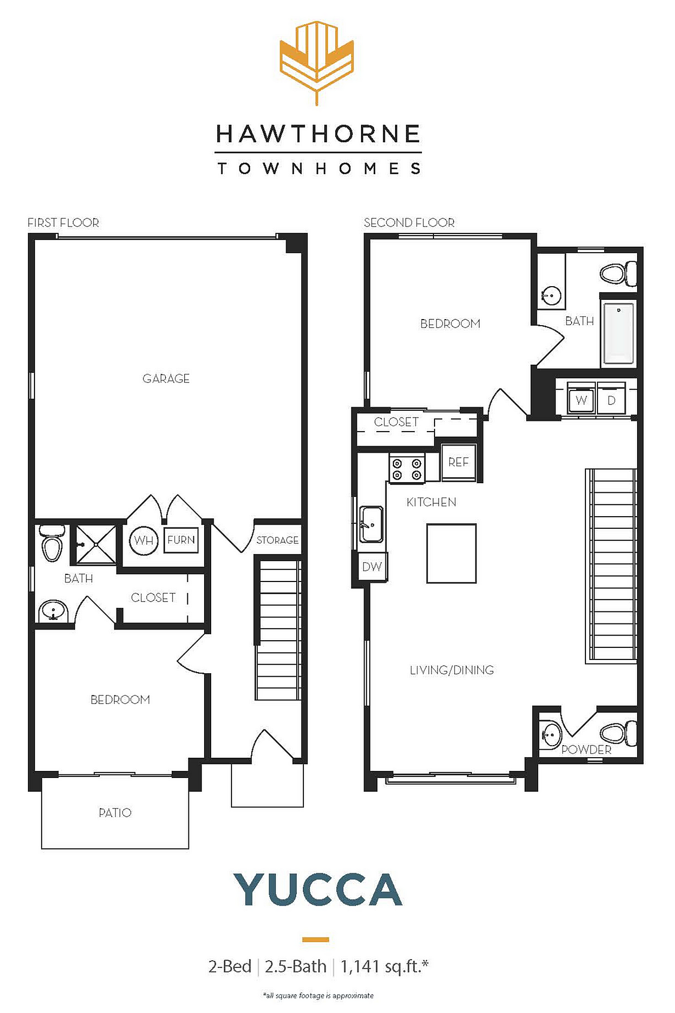Stylish floor plan of the Yucca model in Hawthorne Townhomes, featuring 2 bedrooms, 2.5 bathrooms, a spacious garage, and open-concept living/dining area across 1,141 sq. ft.
