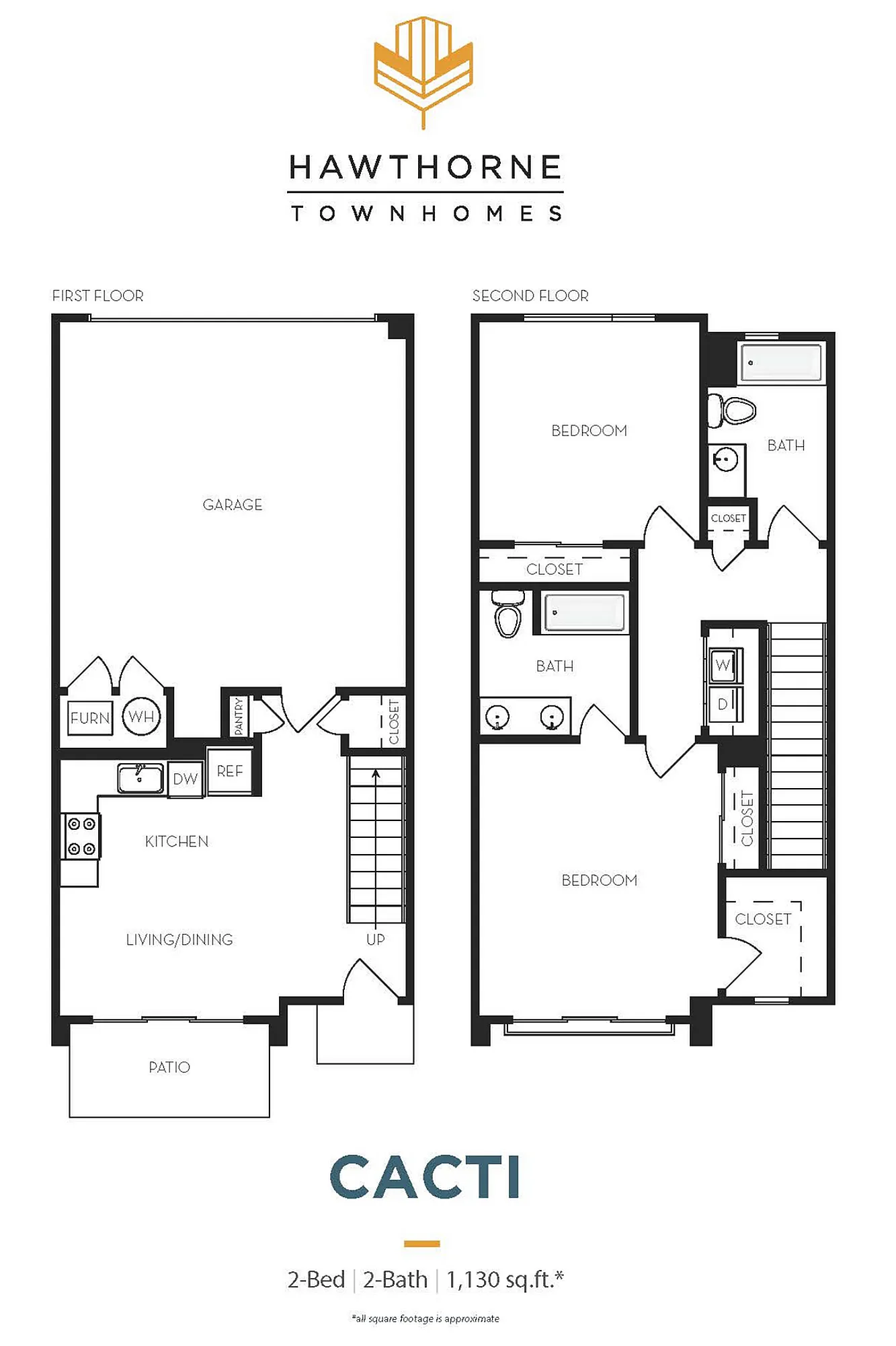 Hawthorne Townhomes Cacti model floor plan featuring 2 bedrooms, 2 baths, a spacious kitchen, open living and dining area, and garage, totaling 1,130 sq ft.