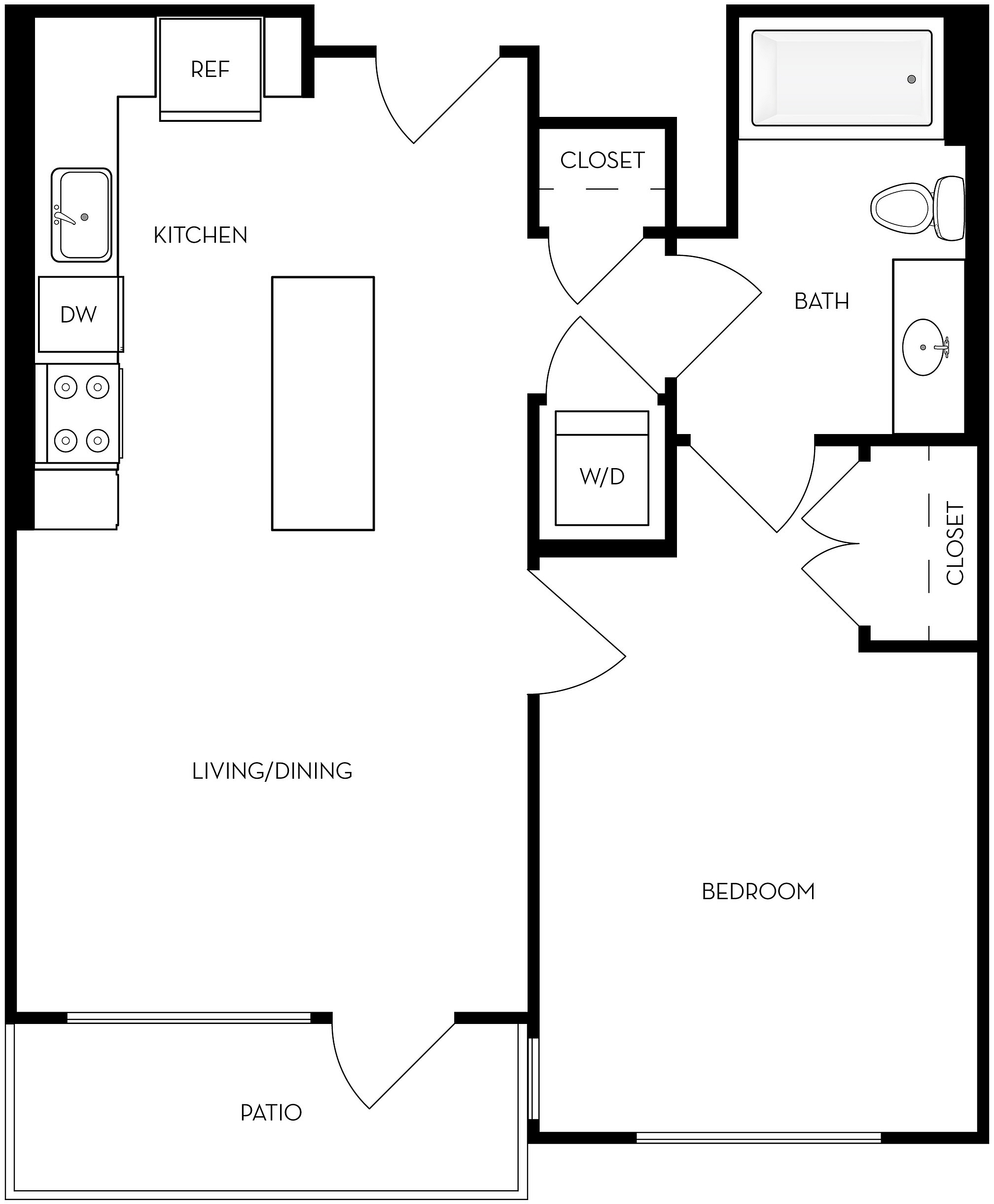 Modern apartment floor plan featuring a spacious bedroom, open-concept living and dining area, stylish kitchen with island, and a cozy patio.