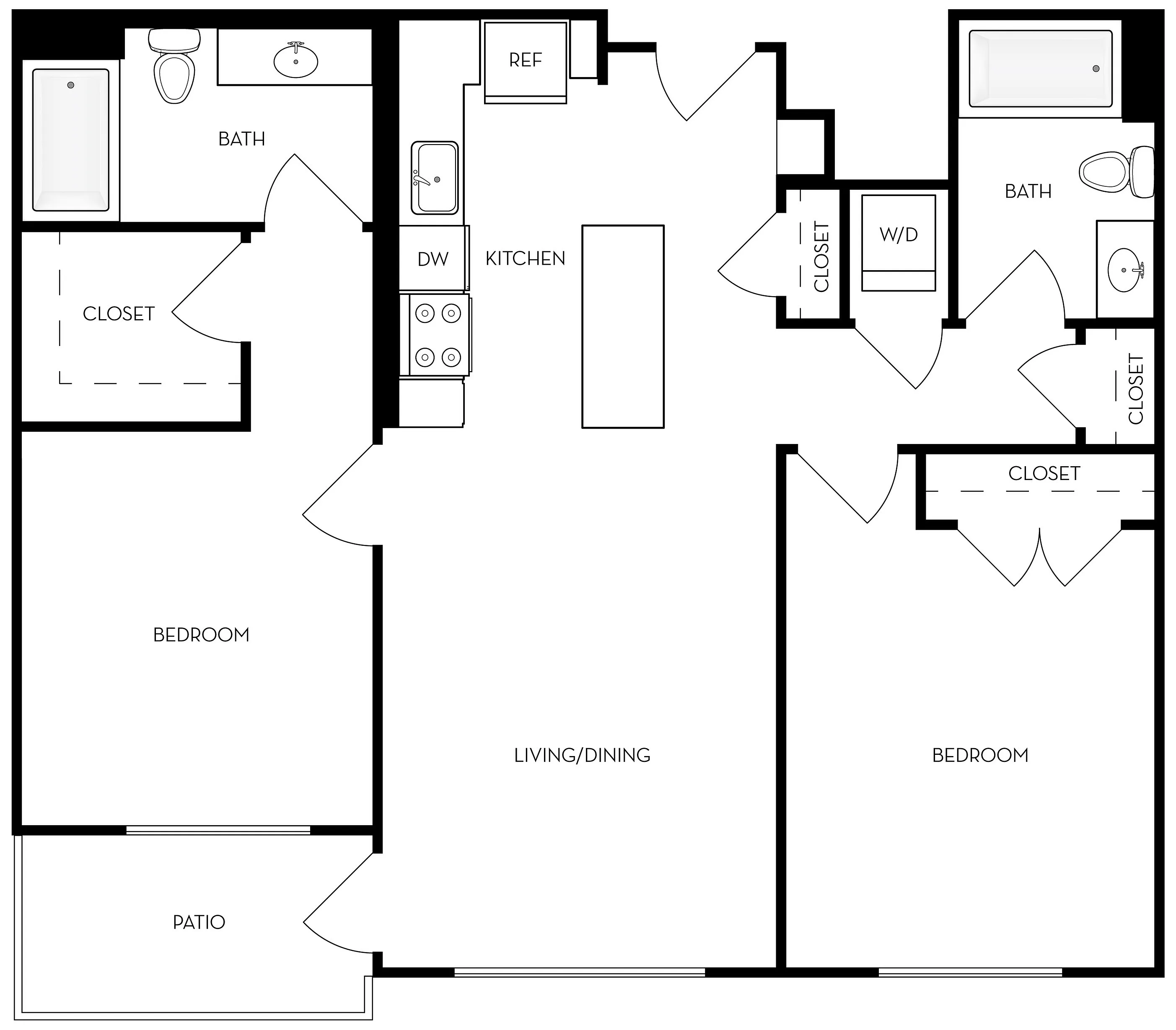 Modern floor plan showcasing 2 spacious bedrooms, open living and dining area, and a stylish kitchen with patio access.