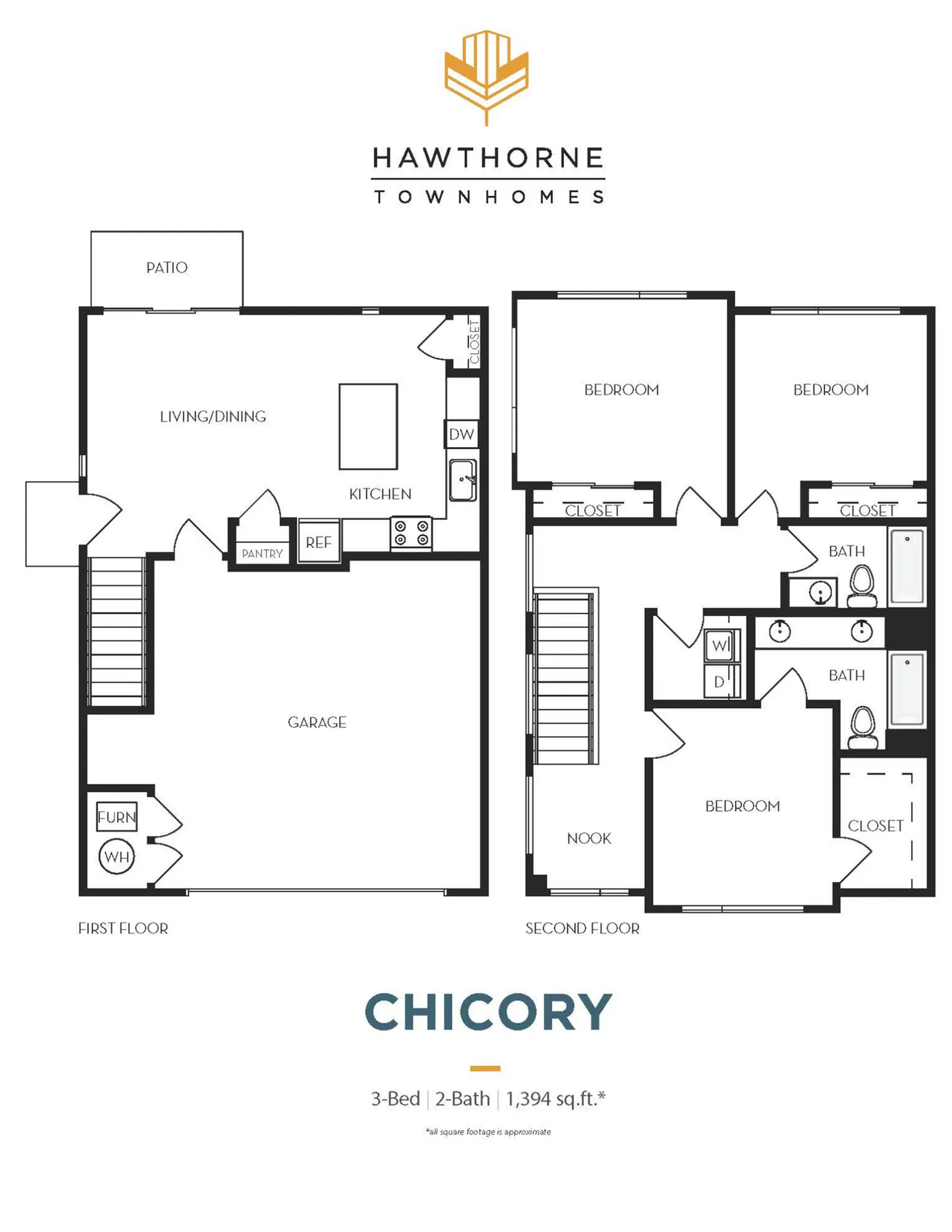 Hawthorne Townhomes Chicory floor plan showcasing a spacious two-story layout with 3 bedrooms, 2 baths, garage, and open-concept living/dining area leading to a patio, totaling 1,394 sq ft.