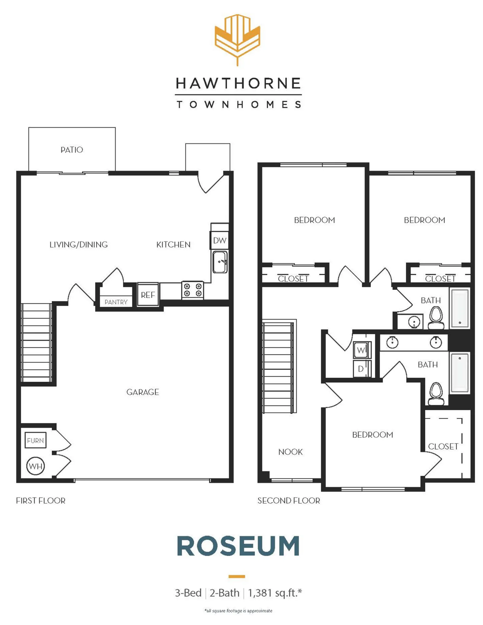 Hawthorne Townhomes floor plan for Roseum model, featuring 3 bedrooms, 2 bathrooms, spacious living/dining area, modern kitchen, and garage, 1,381 sq ft.