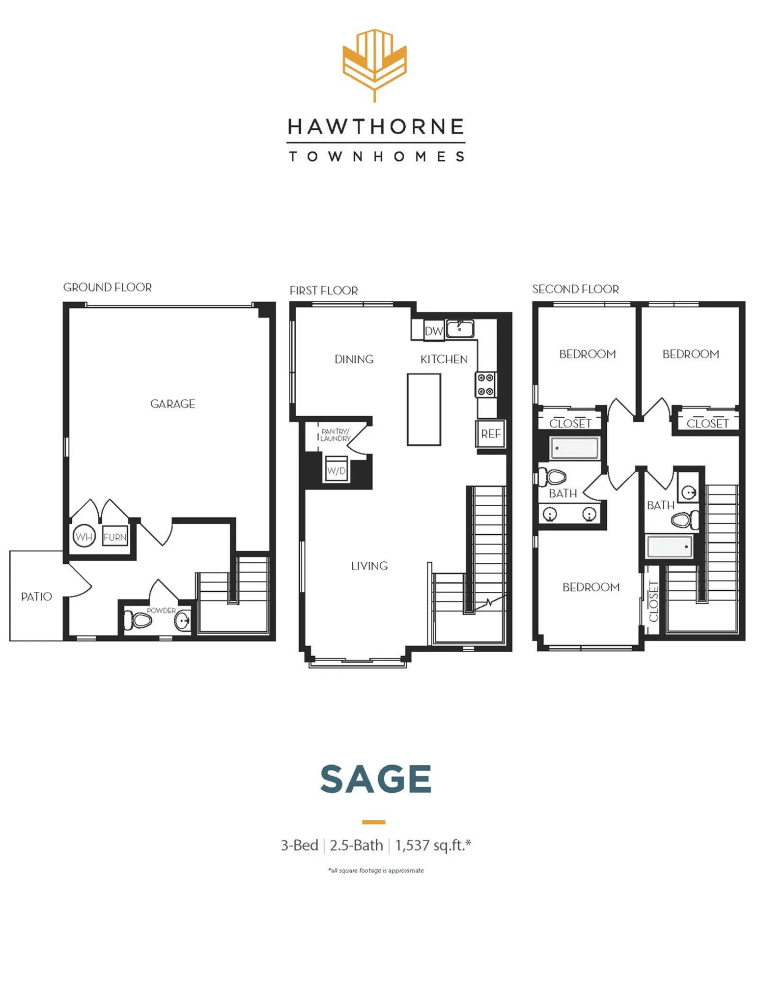 Hawthorne Townhomes Sage floor plan showcasing 3 bedrooms, 2.5 baths, and a spacious 1537 sq ft layout across three levels including a garage, patio, and an open-concept living area.